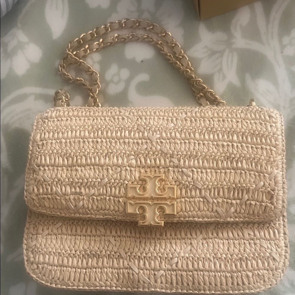 Tory Burch Cream Woven Shoulder Bag with Gold Accents